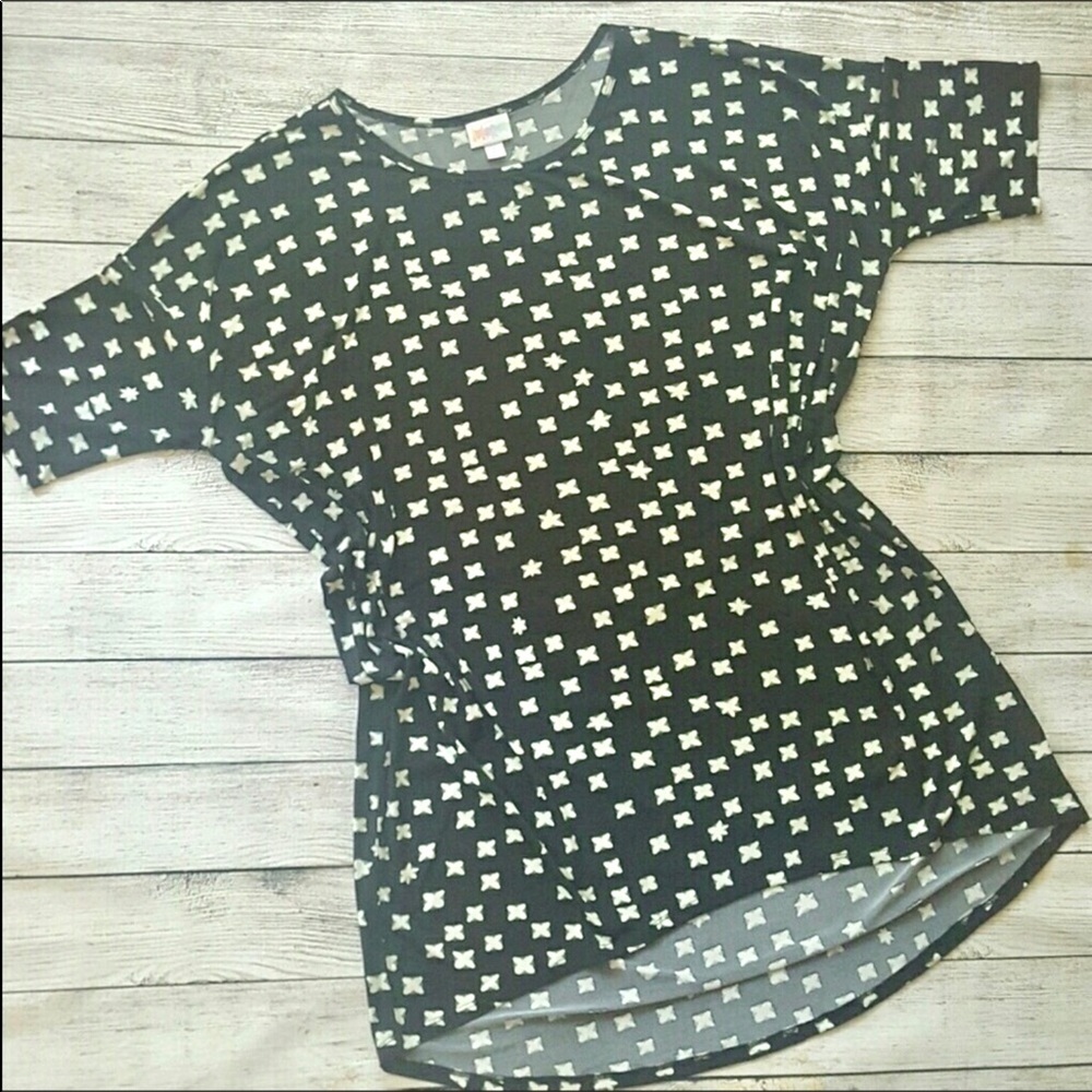 LuLaRoe Irma Slinky Black Cream Graphic Print Tunic High Low Top  XL